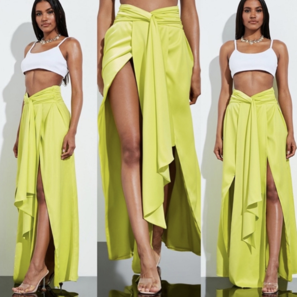 Peace + Love Lime Satin Split Leg Maxi Skirt size UK 8 /small